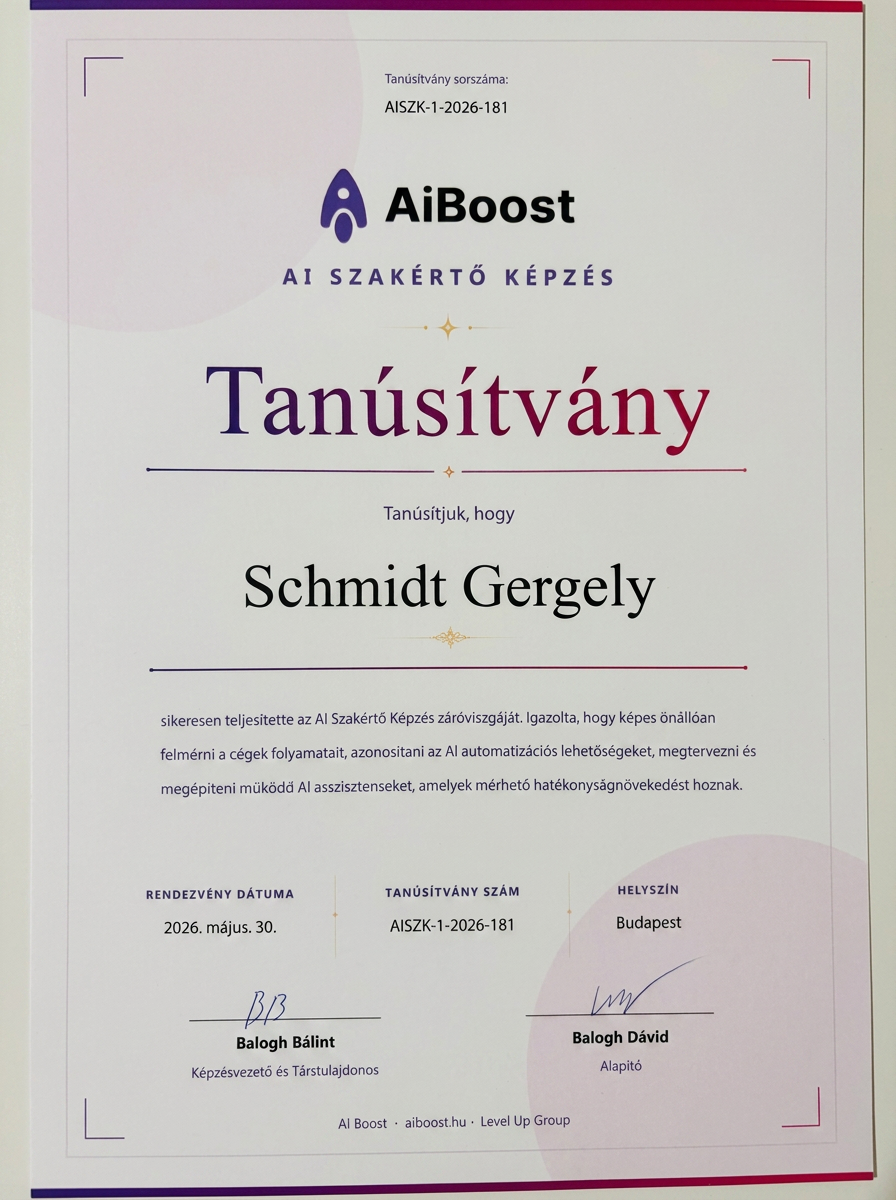 AiBoost AI Szakértő Képzés tanúsítvány – Schmidt Gergely